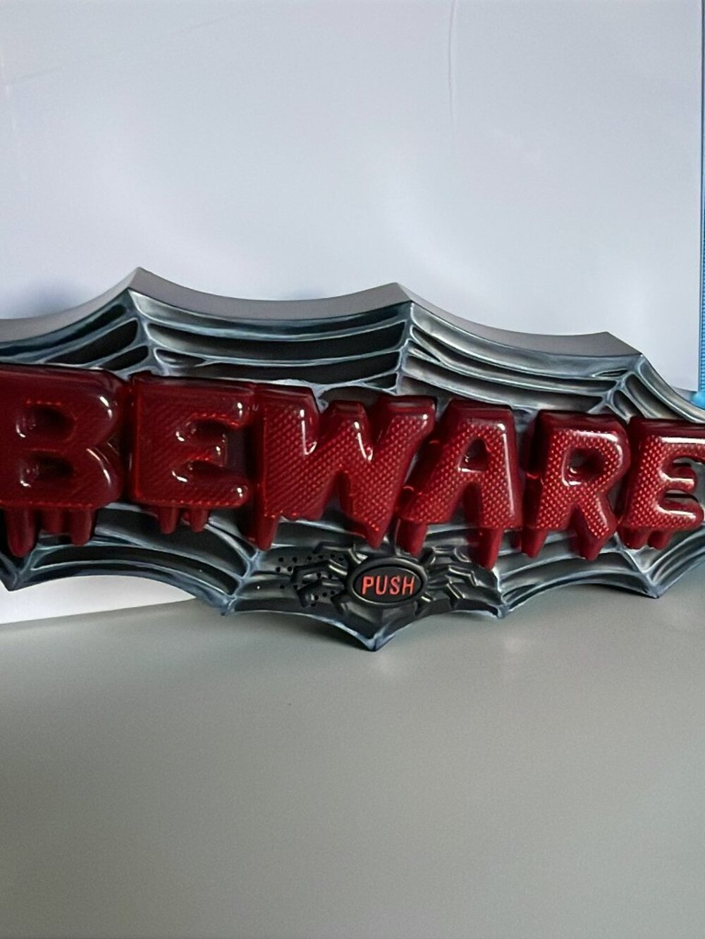 Vintage Halloween Light Up "BEWARE" Sign Door Wall 2008 Talks Creepy Music 12"